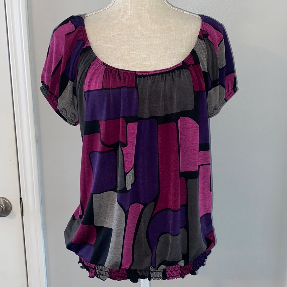 Judith Short Sleeve Abstract Blouse with Smocked Waist